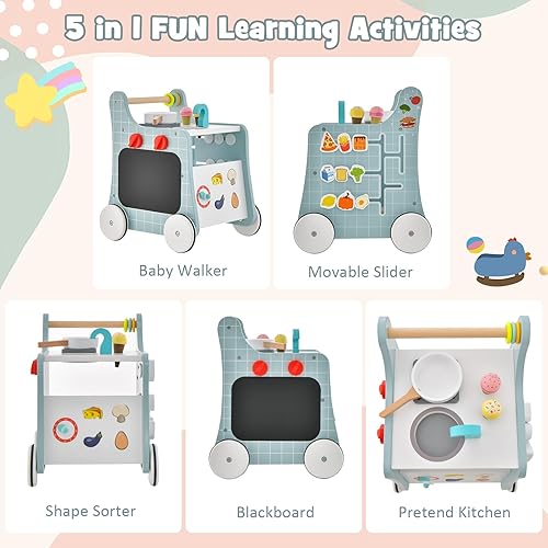 Miniatura 3 de INFANS Andador de empuje para bebé 6 en 1, juego de cocina de madera, caminante de actividades de aprendizaje para niños pequeños con clasificador
