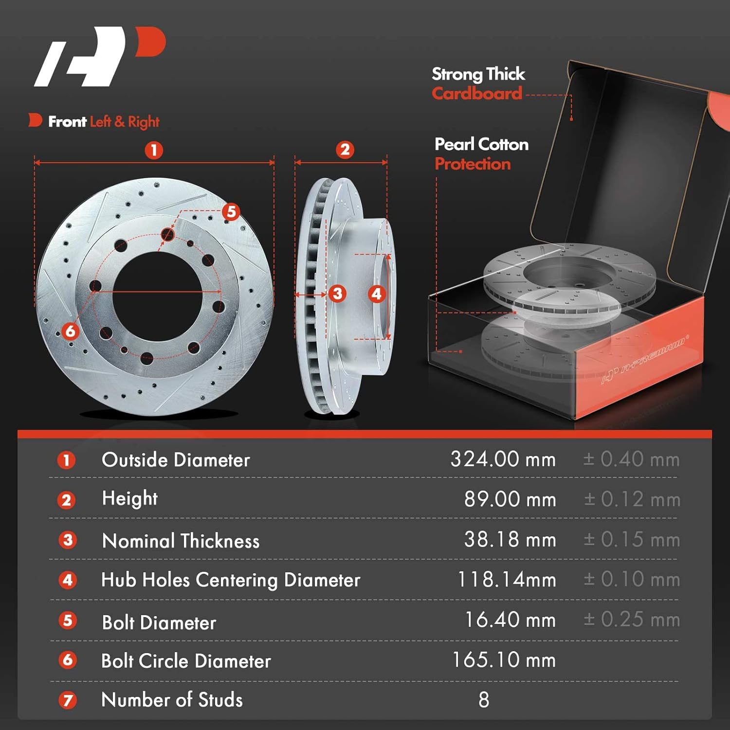 A-Premium 12.78 inch (324.6mm) Front Drilled and Slotted Disc Brake Rotors + Ceramic Pads Kit Compatible with Select Cadillac, Chevy, GMC & Hummer Models - Silverado, Suburban, Savana, Sierra, Yukon