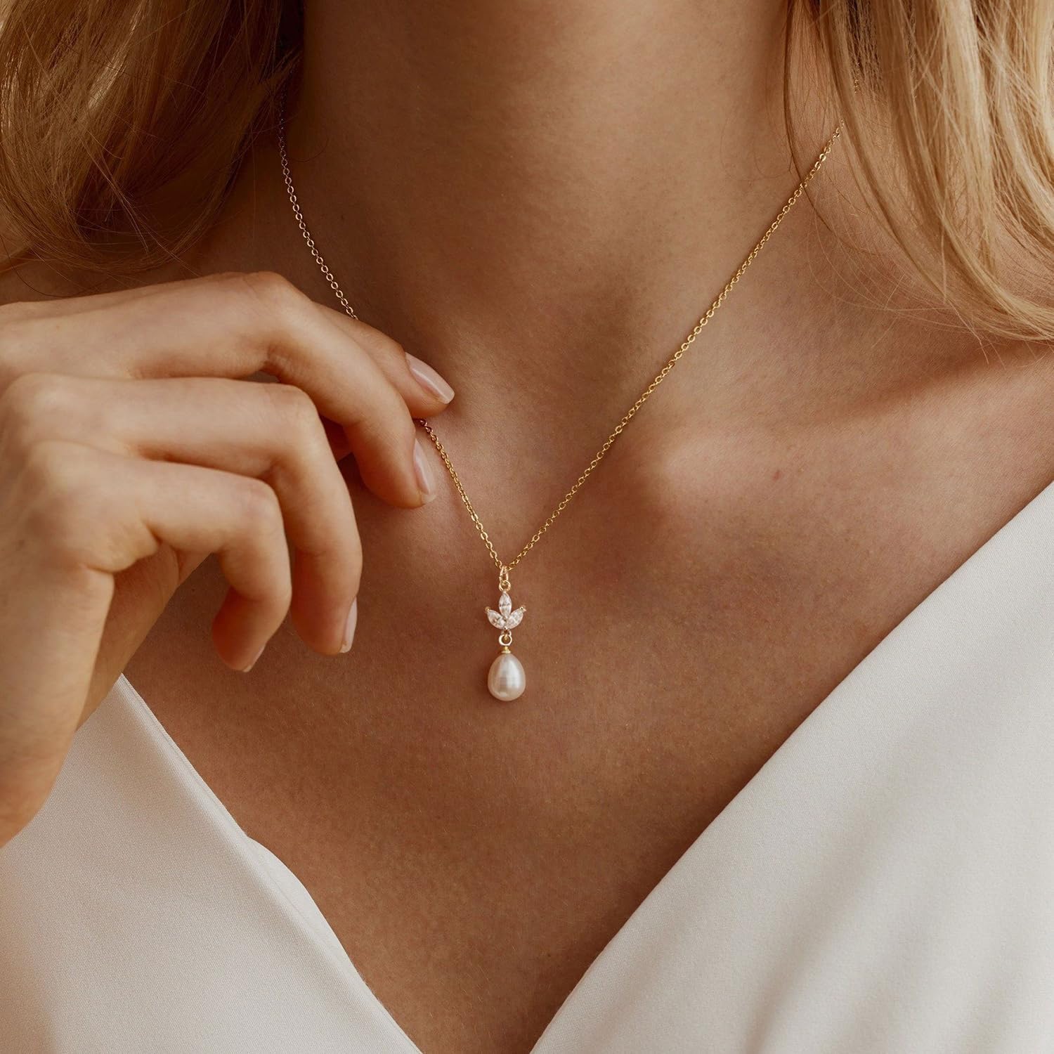 Pearl Necklace: 14K Gold-Plated/White Gold-plated Pearl Necklace for Women 16.5” + 2” - Image 2