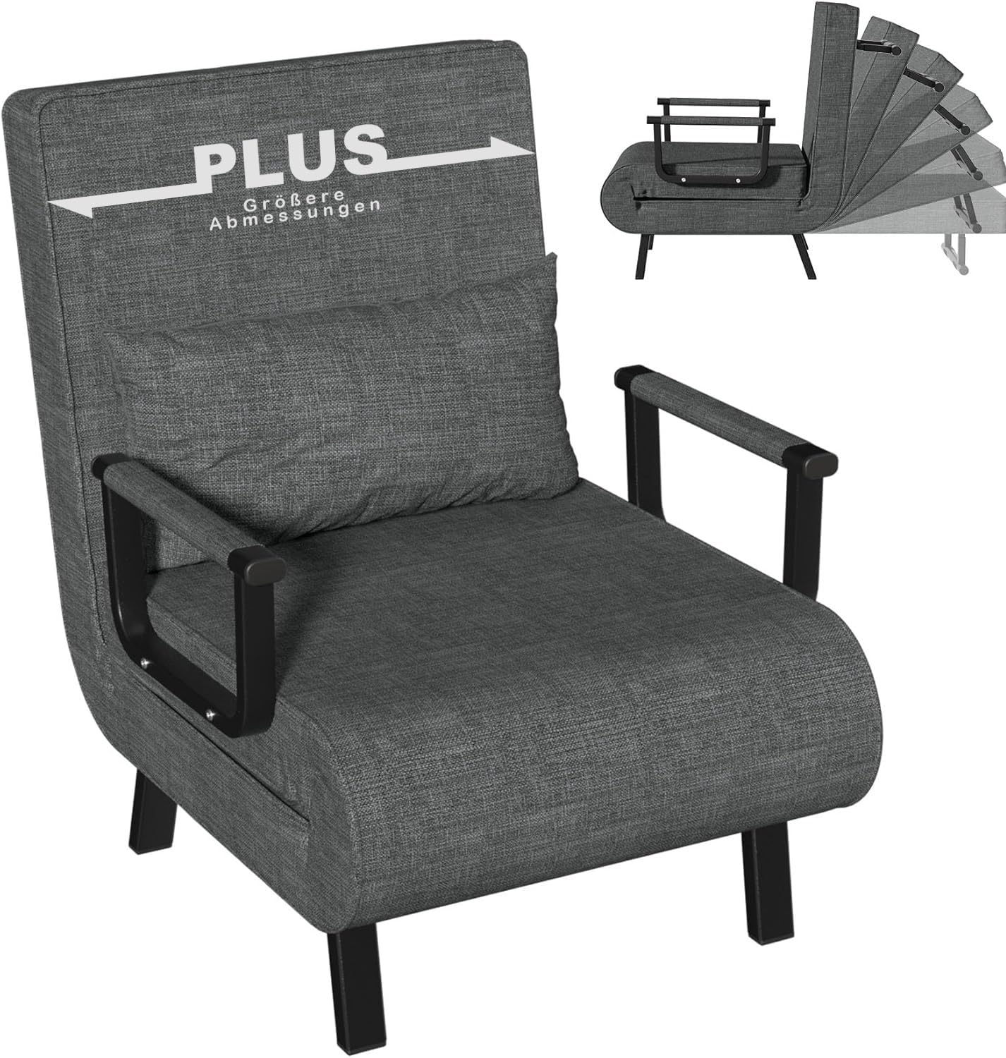 Schlafsessel 3 in 1 Schlafsofa mit Bettfunktion Schlafsofa Gästebettfür Verstellbarer Rückenlehne Metallrahmen Leinen für Wohnzimmer Kleine Räume Schlafzimmer Balkon (Grey, 1)