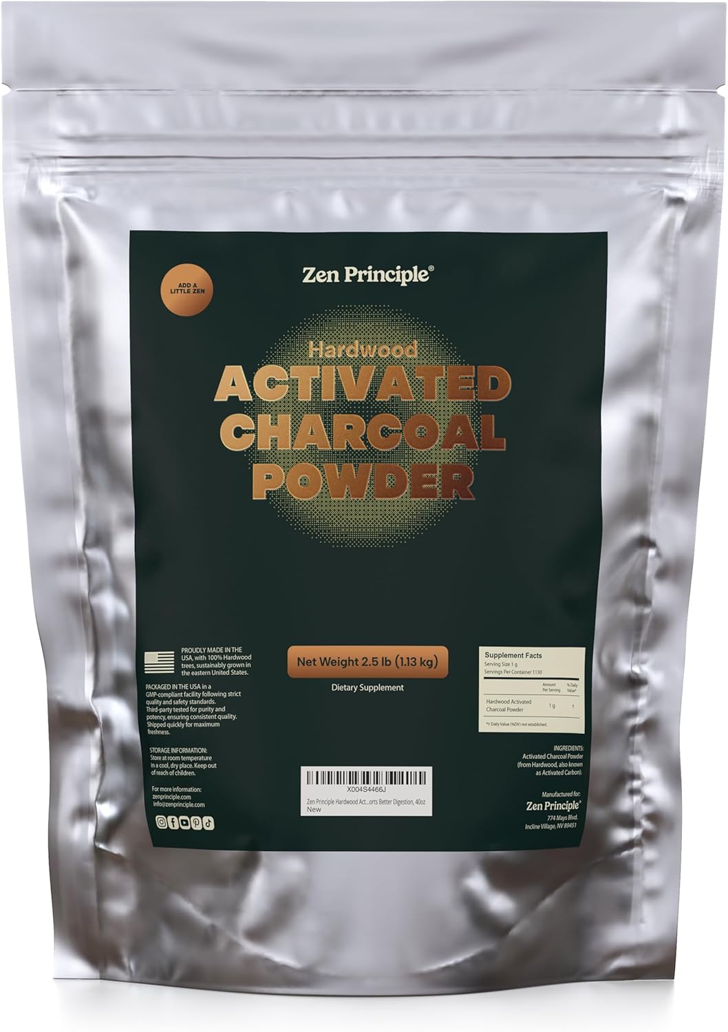 Zen Principle Hardwood Activated Charcoal Powder 100 Percent from USA Trees. All Natural. Whitens Teeth, Rejuvenates Skin and Hair, Supports Better Digestion, 40 Oz