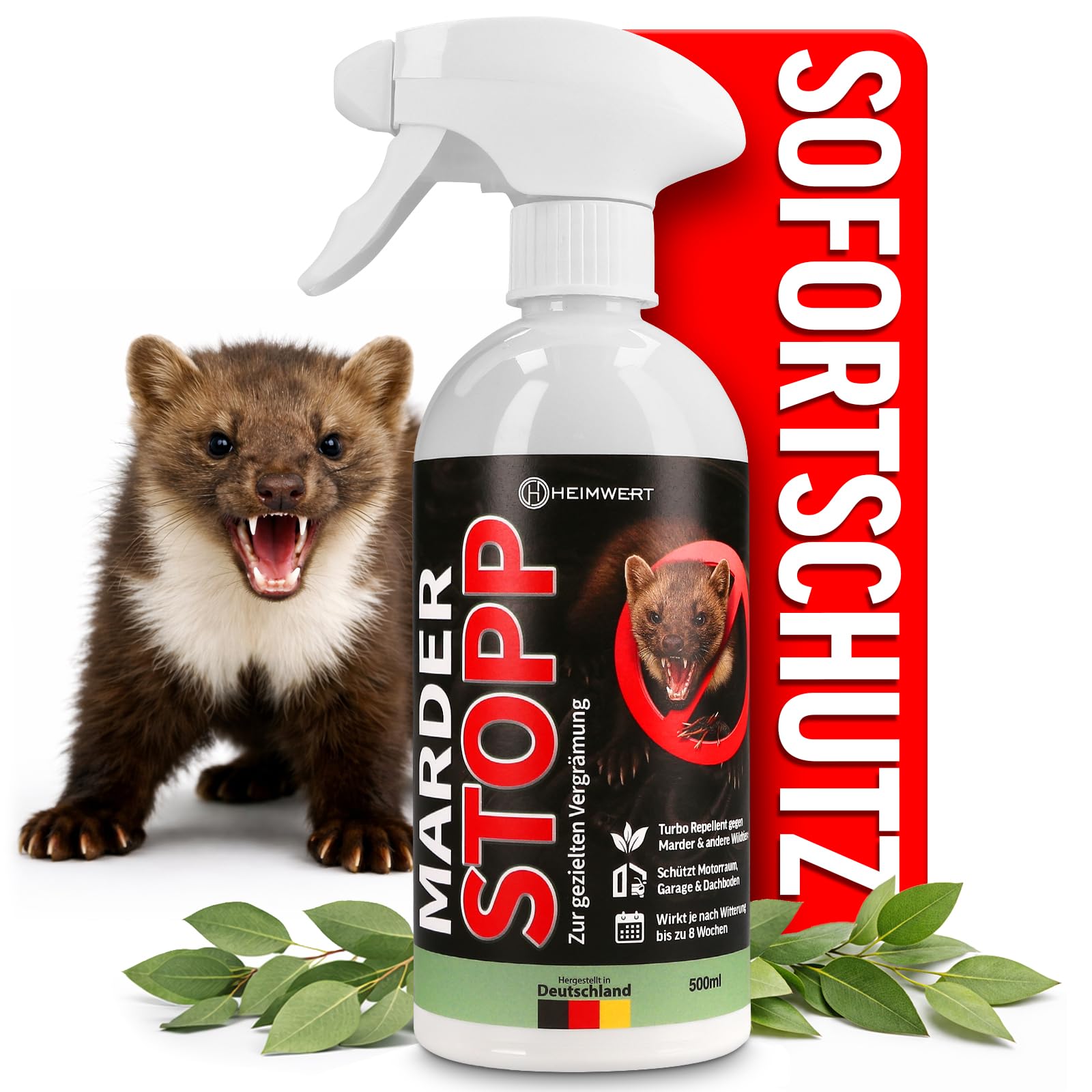 Heimwert Marderabwehr Spray -Wirkt sofort mit Langzeitformel- Hochwirksamer Marderschreck für Auto Dachboden und Garage I Marderschreck Auto - Anti Marder Spray und Marderschutz für Auto (500ml)