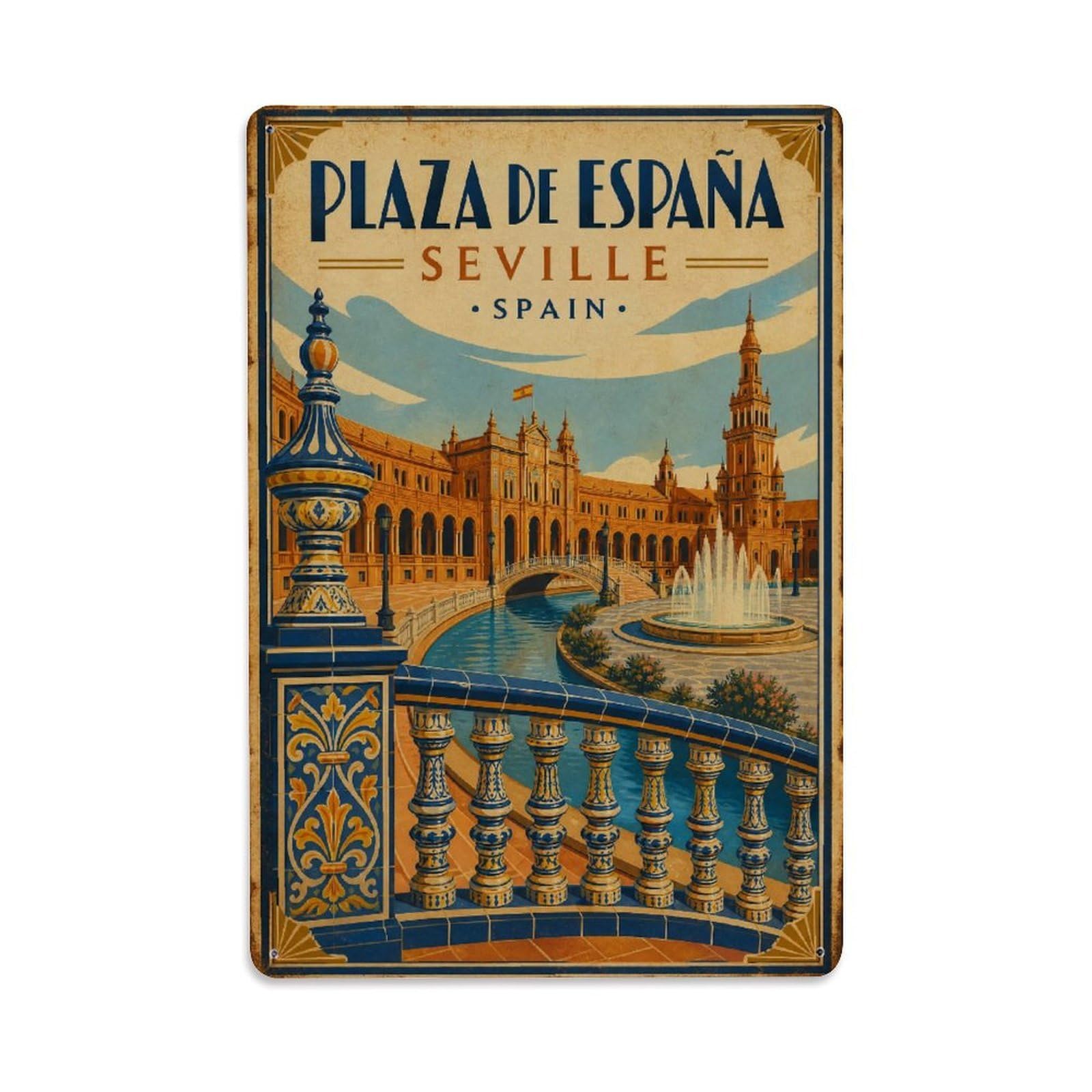 Vintage Plaza Espana Ceramic Tiles Fountain Spain Metal Tin Sign