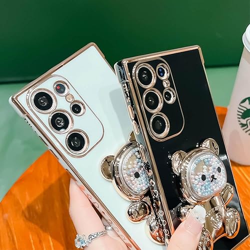 Miniatura 6 de Bonita funda compatible con Samsung Galaxy S22 Ultra de 6.8 pulgadas, cuentas de lujo de color dorado 3D con soporte de oso de dibujos animados para