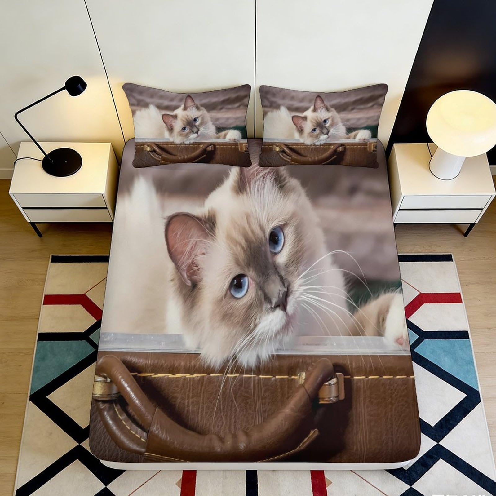 3D Printed Blue Eyed Cat Fitted Sheet Microfiber Soft Anti-Slip Bed Cover for Bedroom Dorm Mattress Protection Decor 140x200x25cm