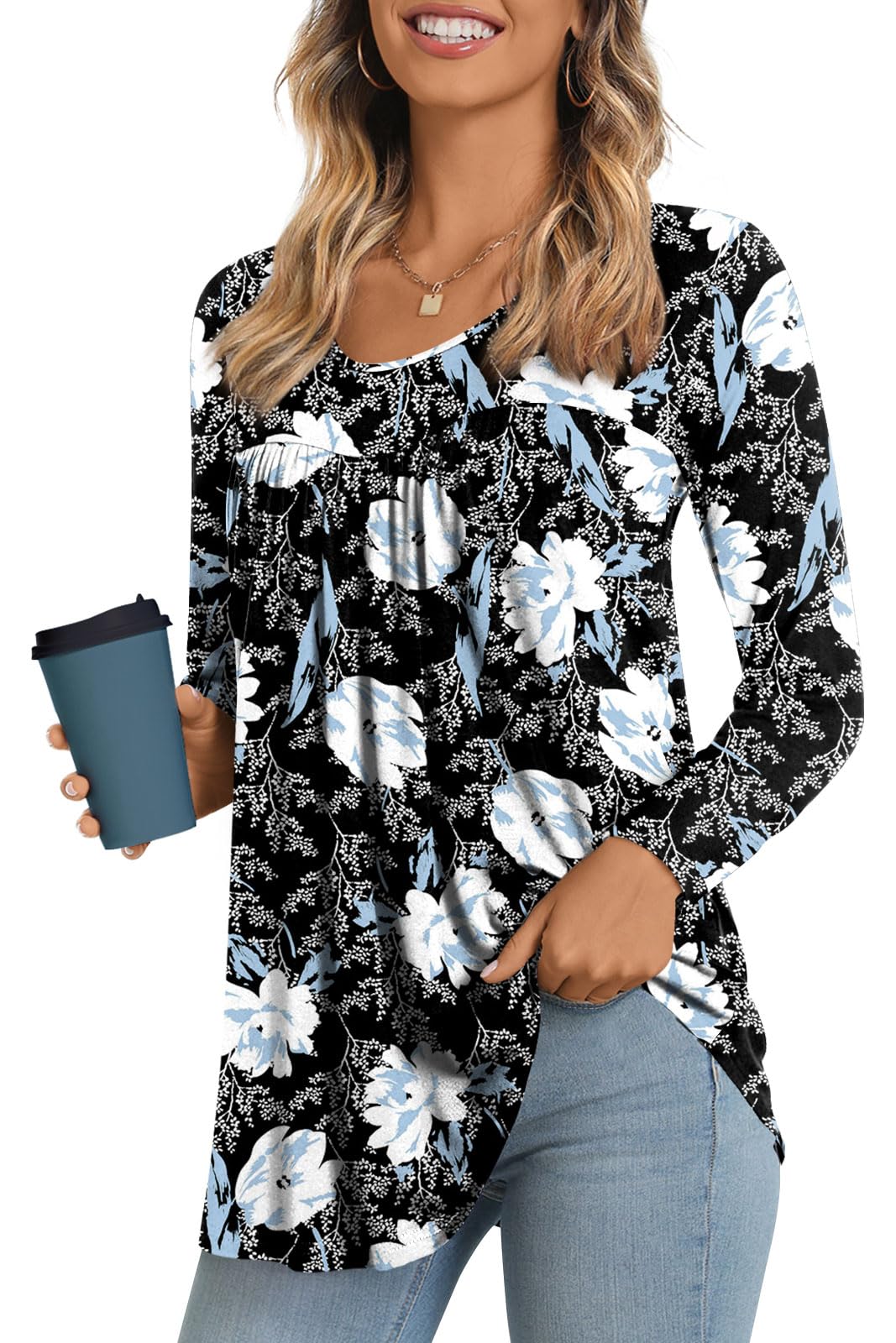 LONGYUAN Women's Long Sleeve Casual Tunics Tops 2026 Winter Loose Shirts Flare Blouse Comfy Elastic Cute