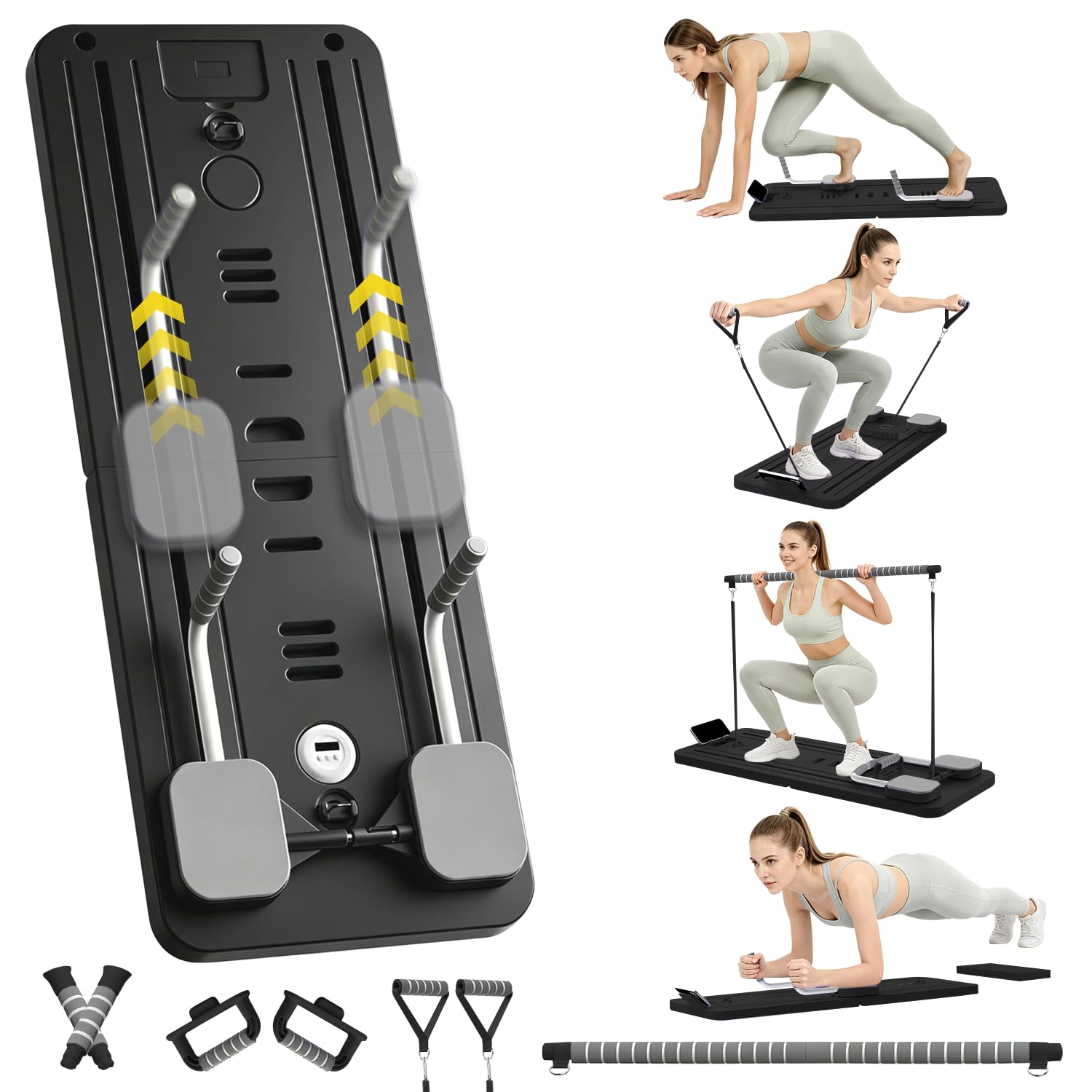 Multifunktional Pilates Board für Zuhause, Mini&Faltbarer Pilates Reformer Homegym(100+Ubungen), 10 in 1 Pilates Set für Ganzkörpertraining&Bauchtrainer, Brett 200KG inkl Automatisches Rebound