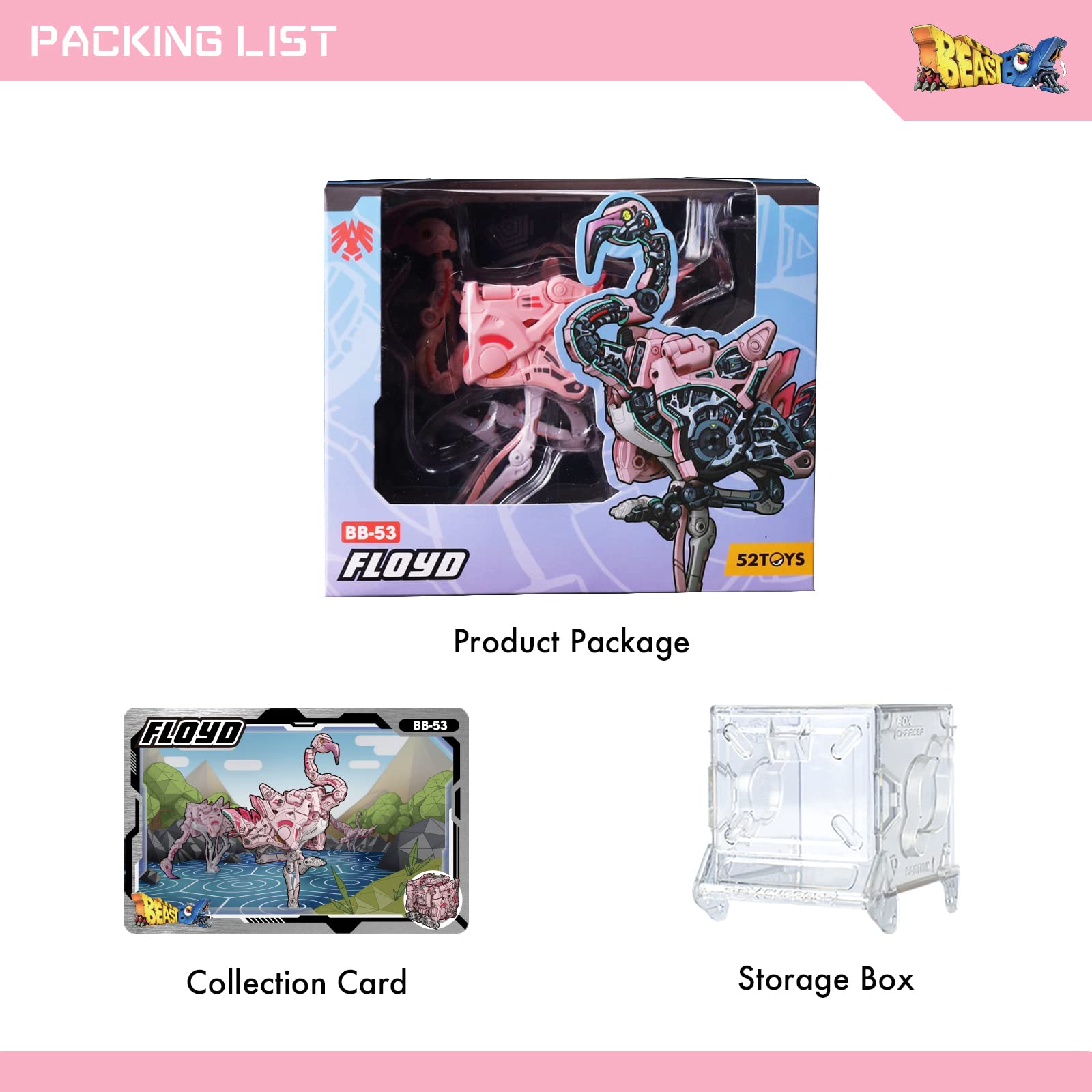 52TOYS Beastbox Serie BB-53 Floyd Fenicottero Trasformabile | Giocattolo In PVC E ABS, Multicolore, Da 15 Anni | Action Figure Con Scatola Portaoggetti E Articolazioni Mobili