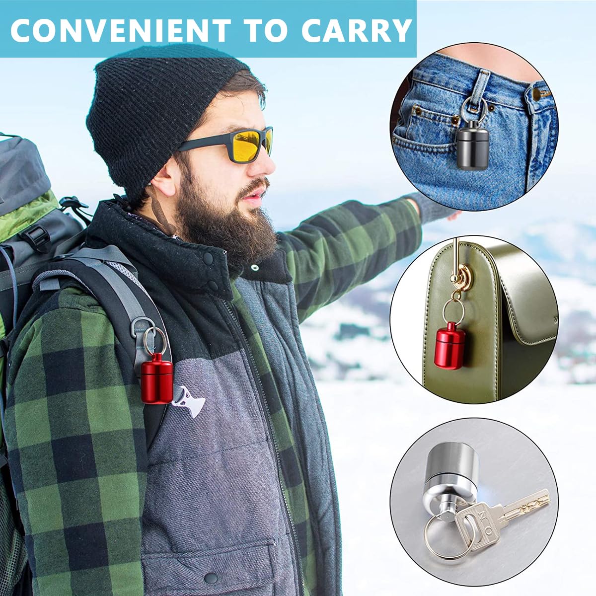 HANNEA 3PCS Mini Aluminum Pill Box Keychain, Waterproof, Style A 3