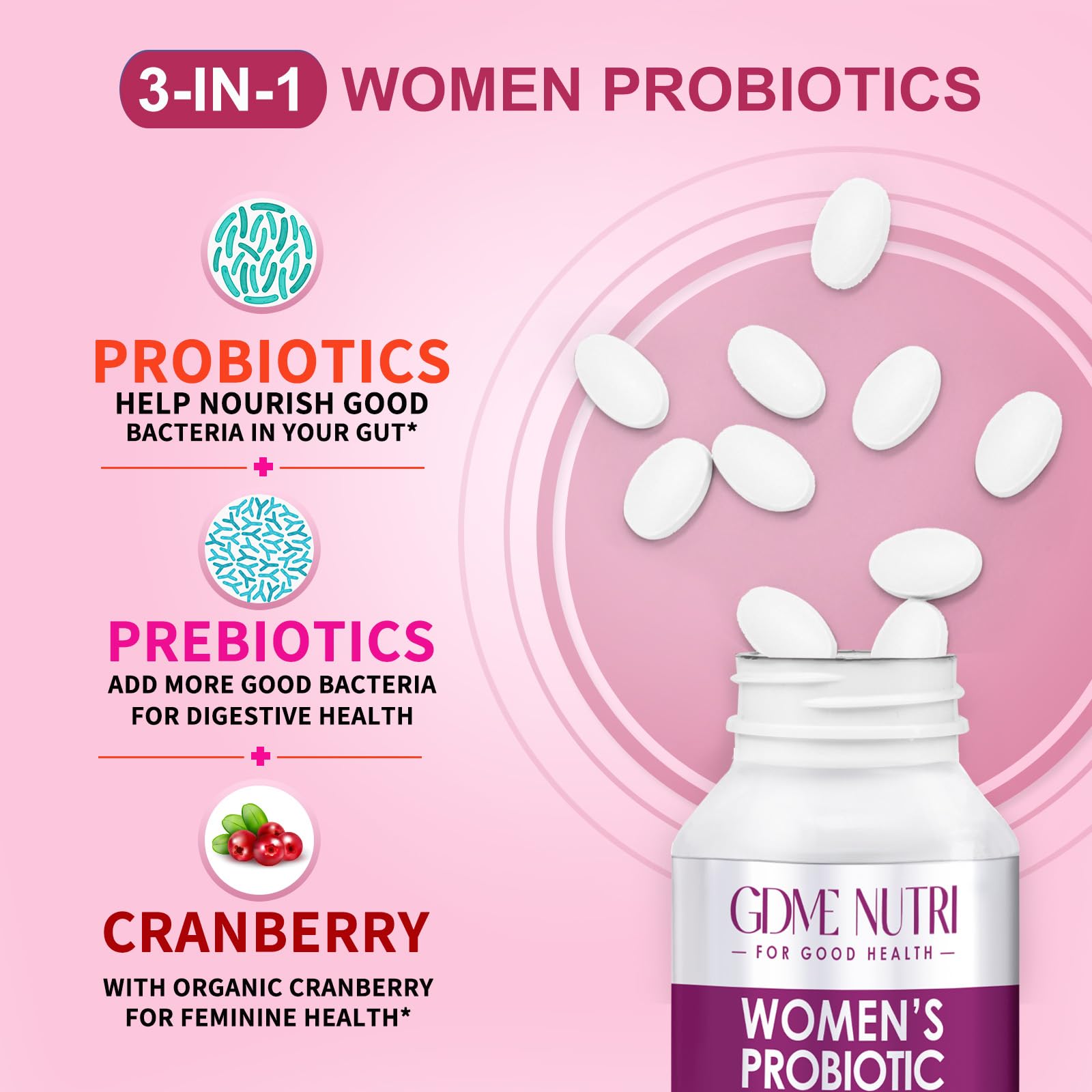 Women's Probiotics, 120 Tablets 120 Billion CFU 18 Strains, Contains Organic Prebiotic Cranberry, Probiotic Supplement for Digestion, Immunity, Women's Health, Soy Gluten Dairy Free — Amazon image 3