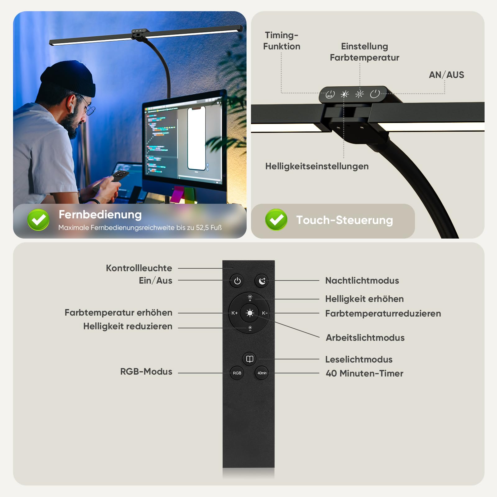 vatato Doppelkopf LED Schreibtischlampe mit RGB,24W Dimmbar Schreibtischleuchte mit Fernbedienungen, Klemmbar Tageslichtlampe mit Stufenlose Dimmung&Farb,Büro Tischlampe für Home&office (Schwarz)