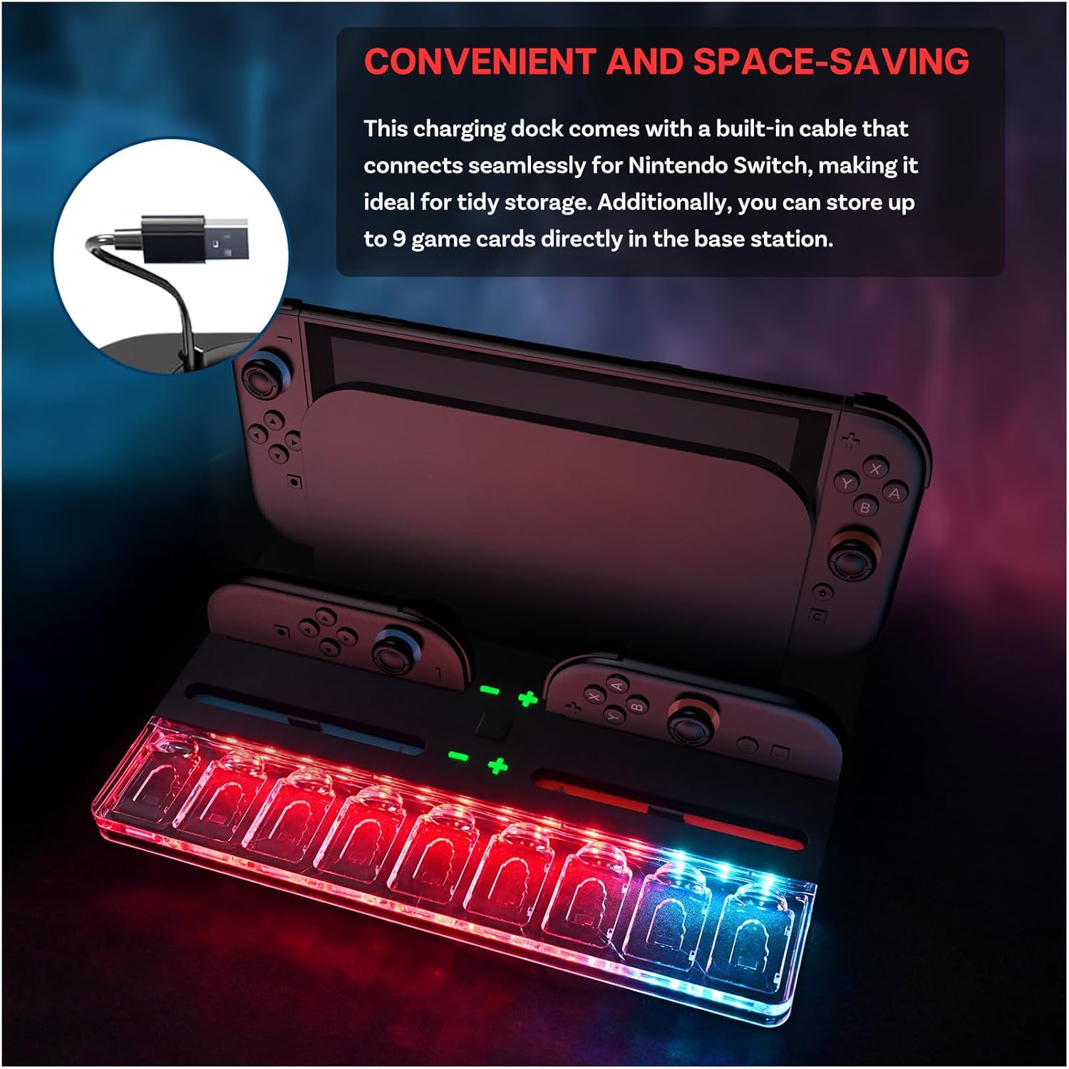 Charging Dock Station for Nintendo Switch 2 by MMOBIEL – Charging Station for 4 Joy-Con Controllers – RGB Lighting, 9 Game Card Slots, LED Charge Indicators – Charging Organizer for NS2 Accessories - Image 3