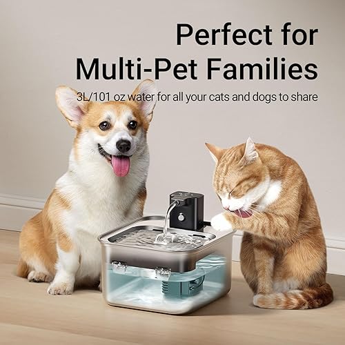 Miniatura 8 de DownyPaws Fuente de agua para gatos de acero inoxidable inalámbrica, fuente de agua inalámbrica FurSink de 101 onzas 3 L para gatos, fuentes para