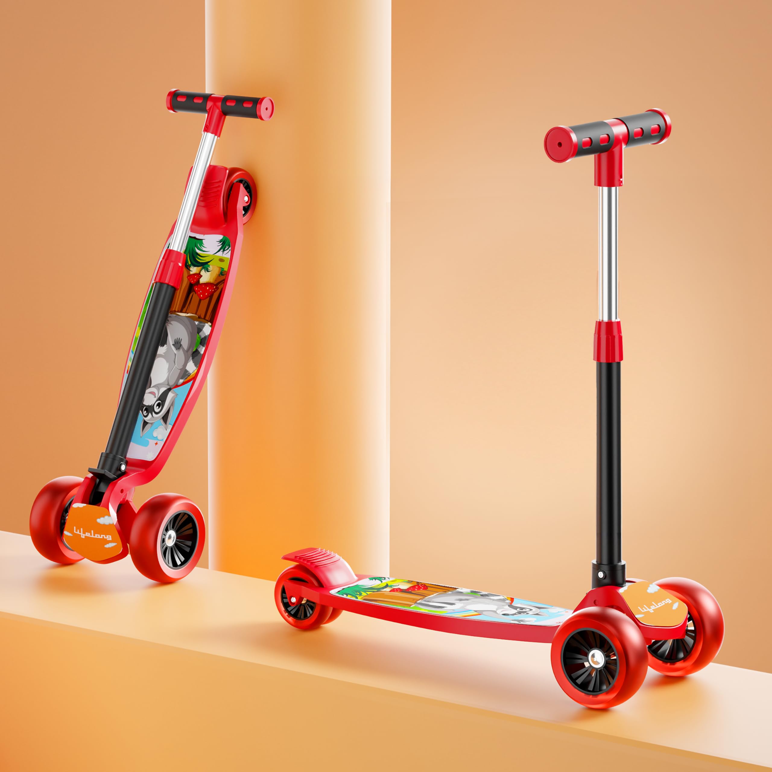 Lifelong Kick Scooter with Adjustable Height - Foldable - Skate for Kids with PVC Wheel - Max User weight-50 kg, Red & Black, 6 Months Manufacturer's Warranty, LLKS02