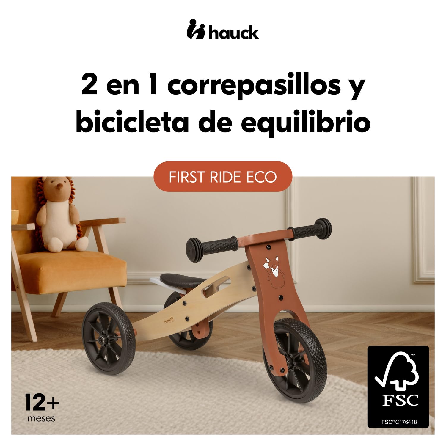 Hauck First Ride Eco 2 en 1 Triciclo y Bicicleta sin Pedales 2 en 1 - Bici de Madera con Ruedas de 7,5 Pulgadas para Niños Pequeños Desde 1 año hasta 20 kg - con Sillín Ajustable y Asa - Fox