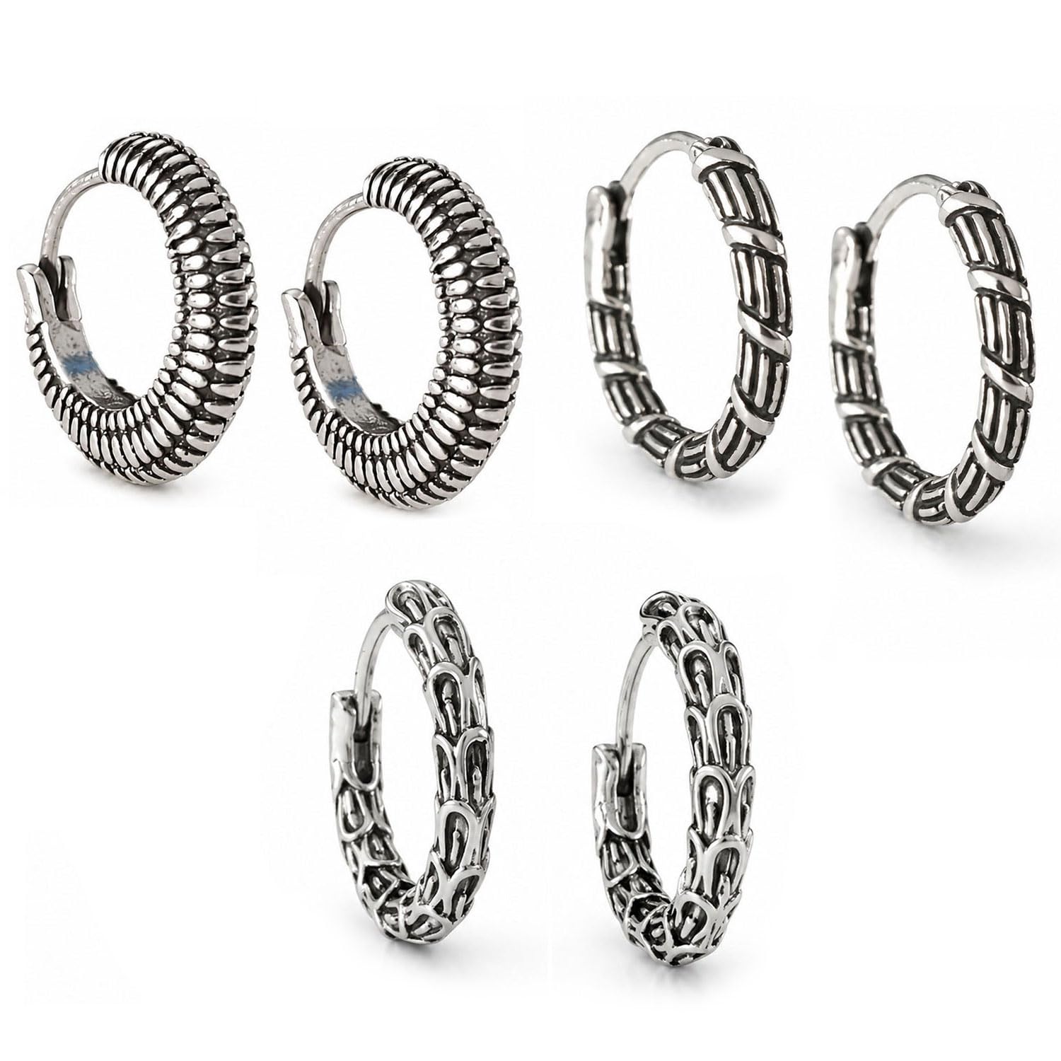 vama FASHIONS Silver Plated Oxidized Stainless Steel Black Hoop Earrings Textured Metal Loop Antique Kaju Bali Hoops Hypoallergenic Tribal Earring Combo Set For Mens-picture-31