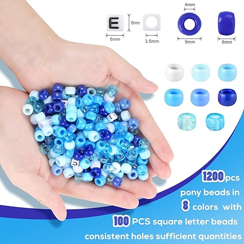 Miniatura 7 de Cuentas de pony azul, 1200 cuentas de pony de 0.236 x 0.325 pulgadas a granel y 100 cuentas de letras, cuentas Kandi para trenzas para niñas y