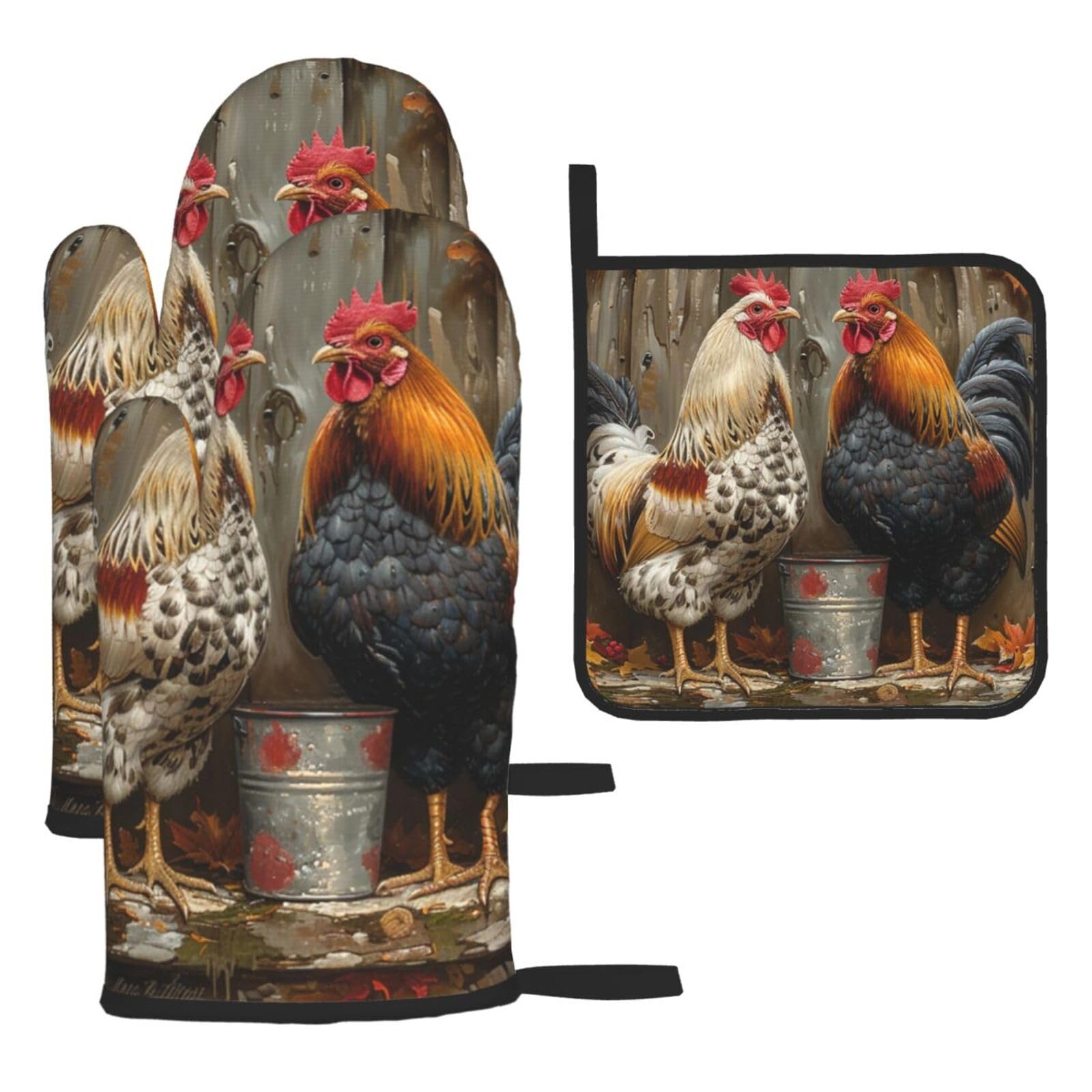 Oven Mitts and Pot Holders Set of 3 Heat Resistant Non-Slip Kitchen Gloves Hot Pads Chicken and Rooster Print Mittens Gloves Non-Slip Potholders for Cooking Baking Grilling BBQ