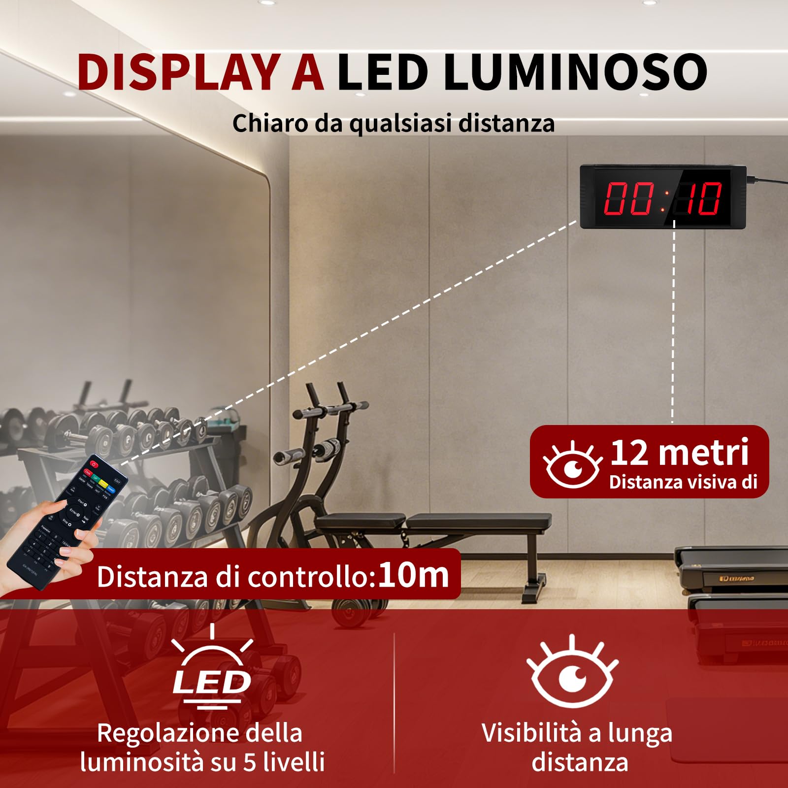 LUCKY TIME Timer da palestra con pulsante Start/Stop, cronometro digitale a LED con conteggio progressivo/conto alla rovescia, con telecomando, timer a intervalli, orologio per allenamento, palestra