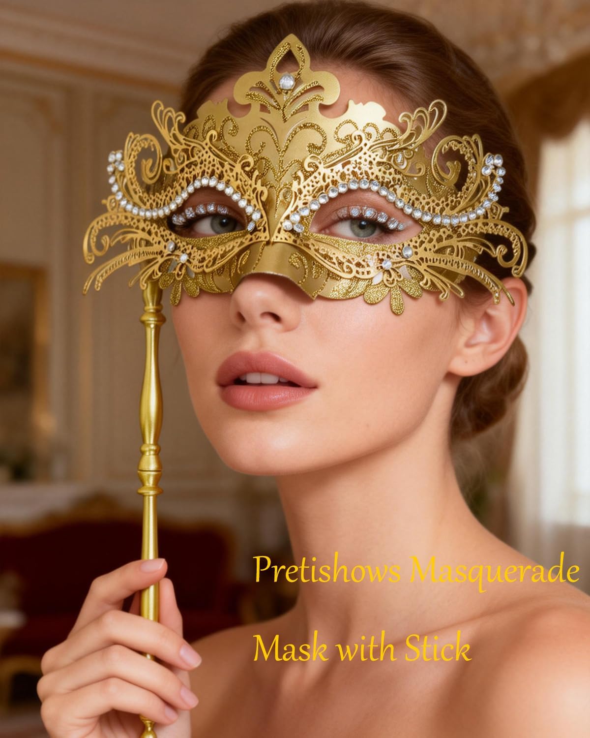 Masquerade Mask with Stick Venetian Golden Mask Mardi Gras Decorations Halloween Costume Mask for Women - Image 3