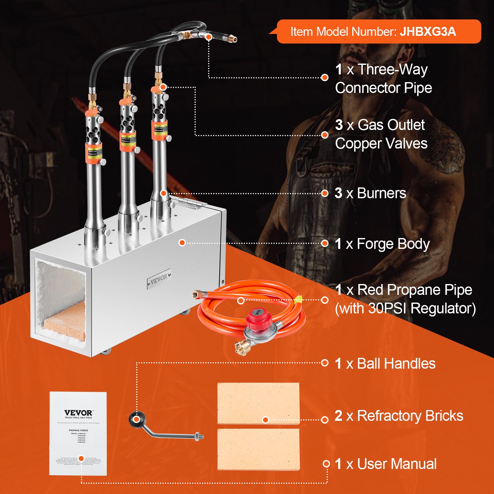 VEVOR Forja de Propano Portátil Forja de Herrero 3 Quemadores Forja de Gas para Herrería 1427°C Equipos de Forja de Gas de Acero Inoxidable Cuadrados Gran Capacidad para Forja de Metales, Plata