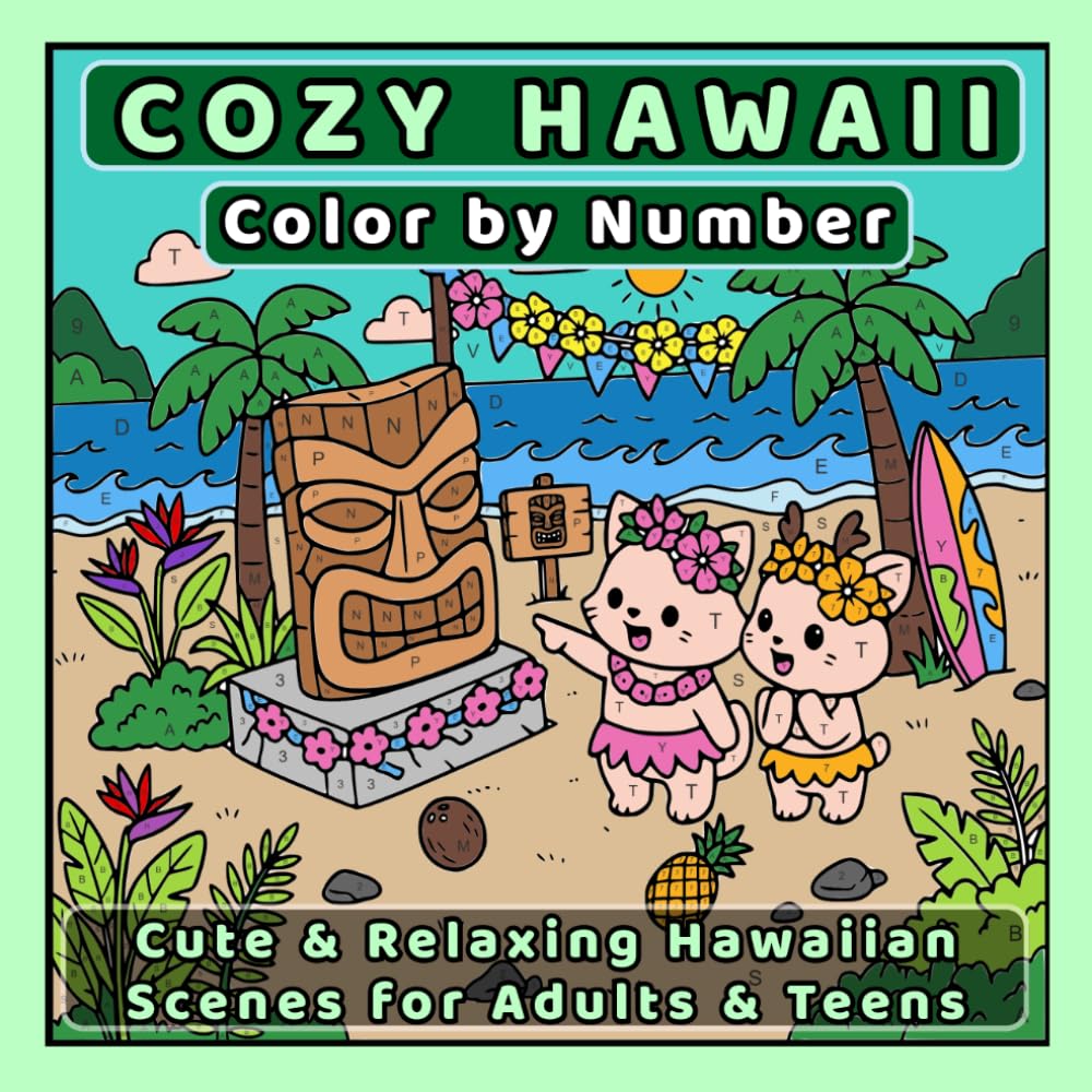 Cozy Hawaii Color by Number Coloring Book for Adults & Teens: with 40+ Cute Tropical Island Scenes, Relaxing Hawaiian Beach, Tiki & Aloha Vibes