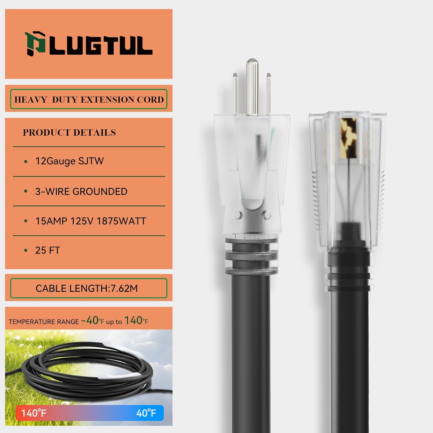 PLUGTUL Outdoor Extension Cord 25FT, 12 Gauge Extension Cord with Lighted End, Heavy Duty,15A 1875W SJTW, ETL Listed, Great for Garden and Home, Black