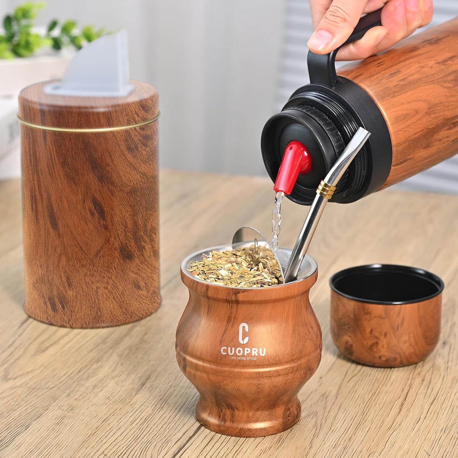Cuopru Yerba Mate Kit, Wood Grain Stainless Steel, 33.8oz Insulated Bottle, Mate Gourd, Bombilla, Cleaning Brush, Tea Filter Set and Container Included