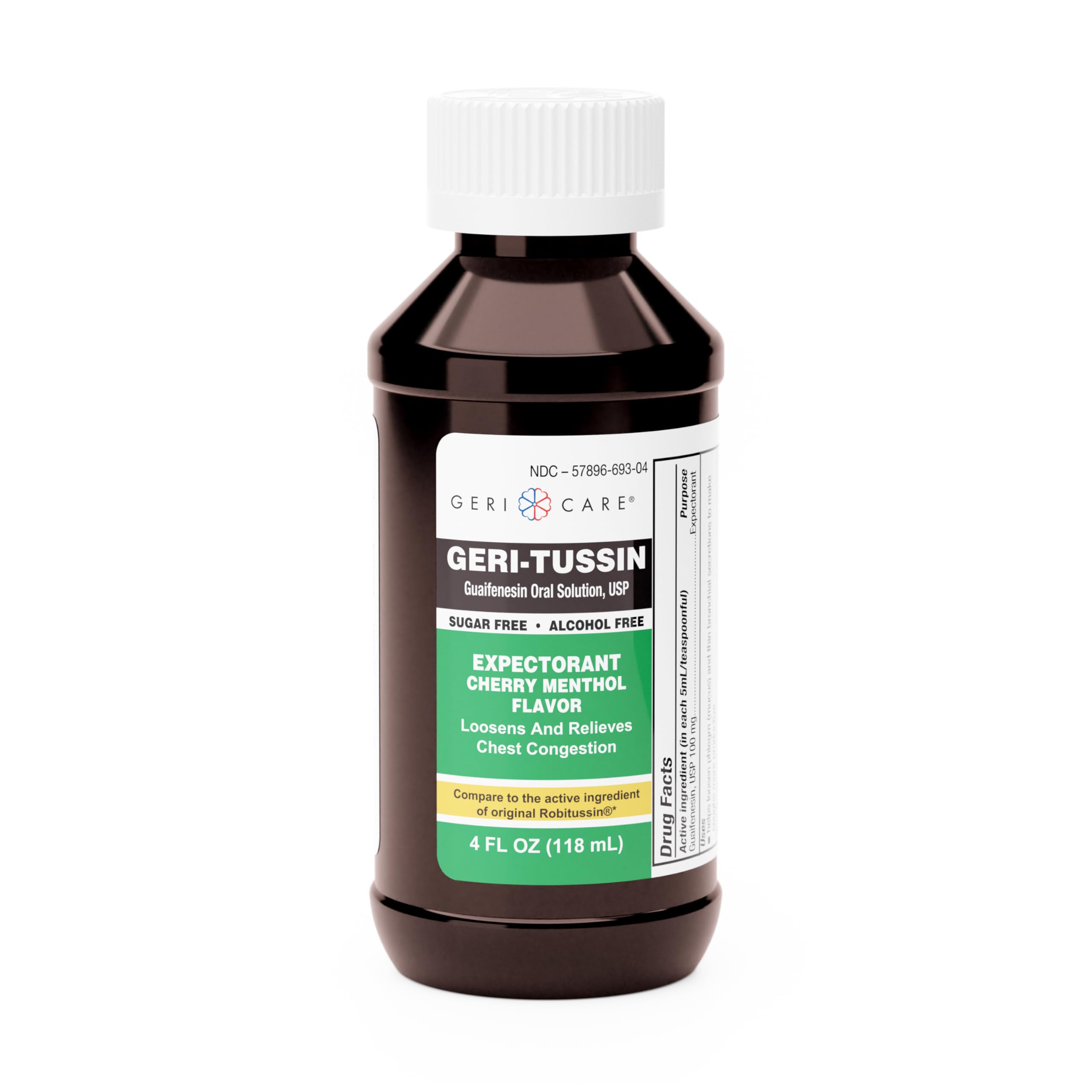 Geri-Tussin Cold and Cough Relief Guaifenesin Syrup by GeriCare| Sugar-Free Guaifenesin Liquid Expectorant| Cough Syrup & Chest Decongestant| Cherry Menthol Flavor Guaifenesin Oral Solution| 4 Fl Oz
