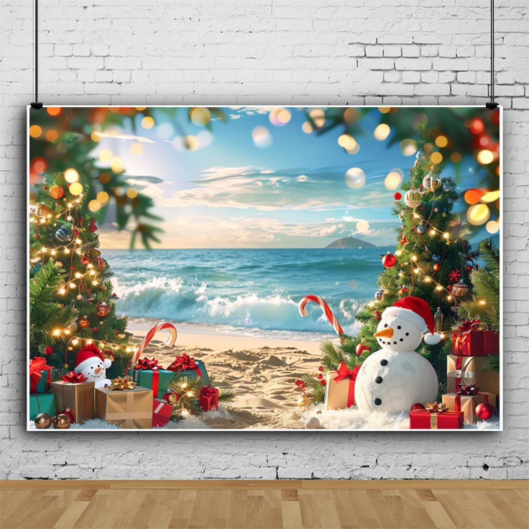 Summer Christmas in July Backdrop 10x8ft Tropical Hawaiian Beach Photography Background Snowman for Xmas Party Decoration Supplies Portrait Photoshoot Studio Photo Booth Props