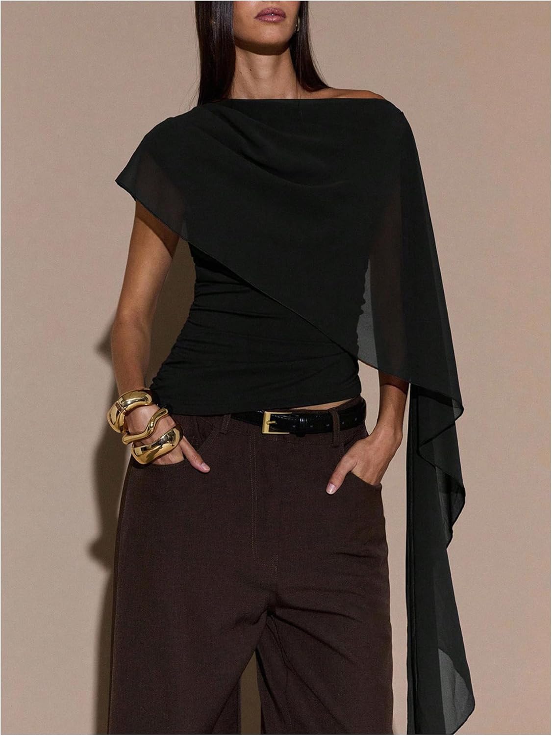 Women's Ruched Cape One Shoulder T Shirts Short Sleeve Asymmetrical Neck Fitted Crop Top - Image 5