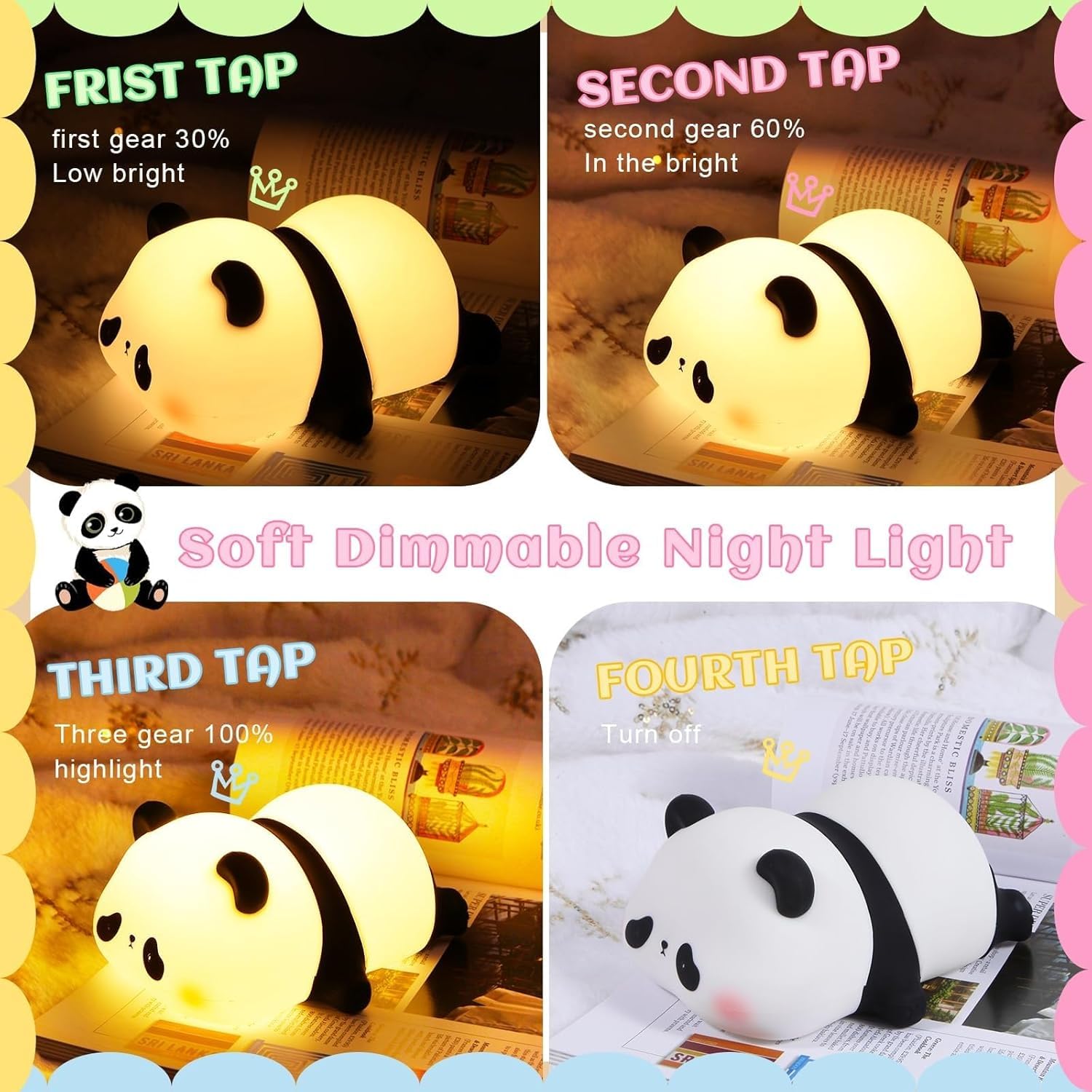 DEZICON Kids Night Light Silicone Sleeping Panda Night Lamp Rechargeable Cute Lamp with 3 Level Brightness Kids Night Lights for Bedroom Baby Nursery Study Desk Decorative Diwali Christmas Light 4
