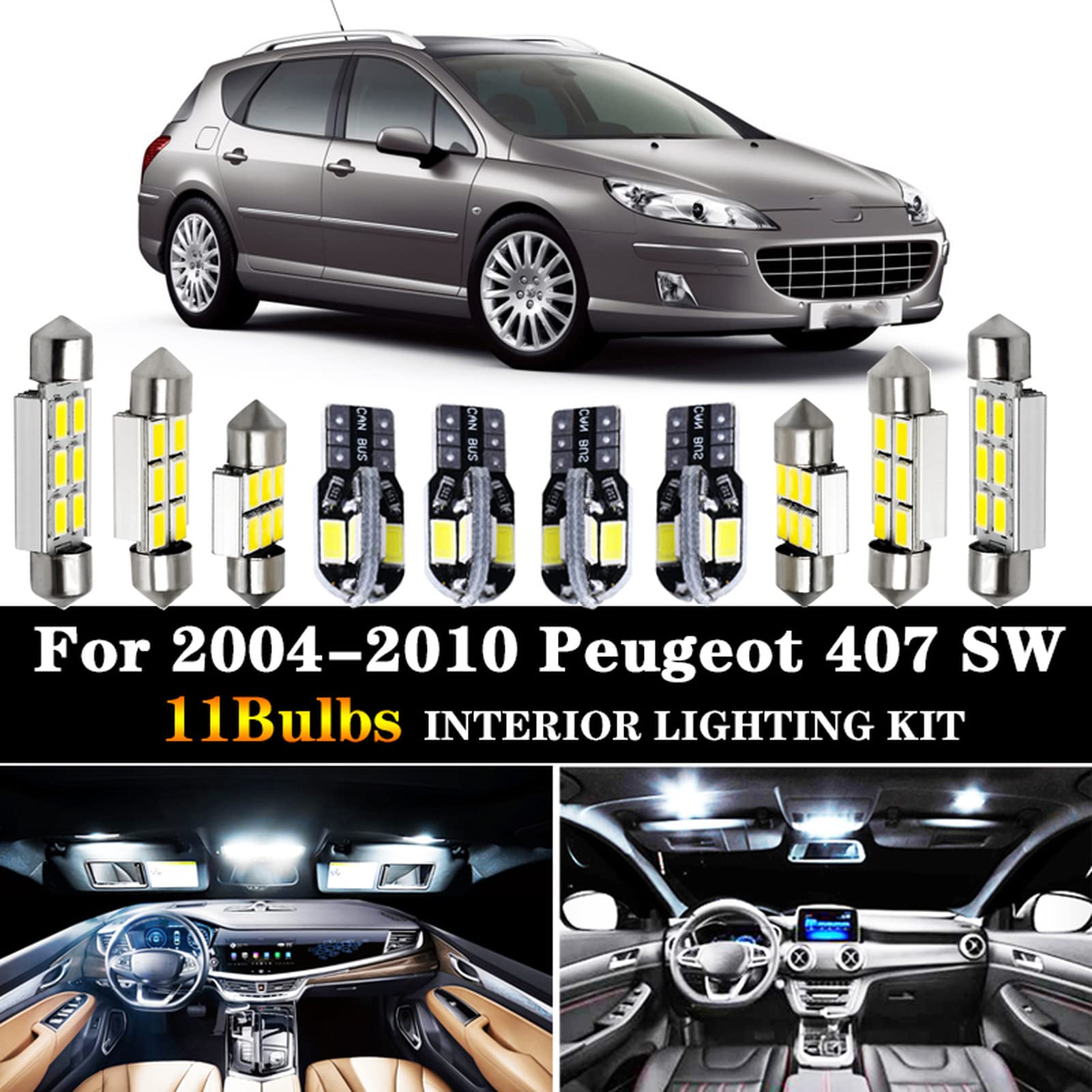 11 Uds Blanco frío Canbus Bombillas LED para Coche Kit de Paquete de Interiores, para Peugeot 407 SW 2004-2010 Mapa cúpula Maletero guantera luz