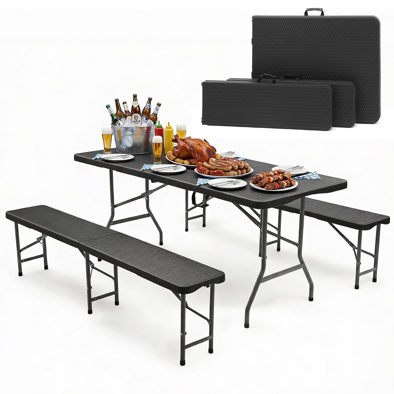 Sekey Bierzeltgarnitur Klappbar, Kunststoff Biertischgarnitur 180cm, 3-teilig Set Tisch + 2 x Bierbank mit Tragegriffe, Gartenmöbel Set für drinnen draußen, Festzeltgarnitur Rattan-Optik (Schwarz)