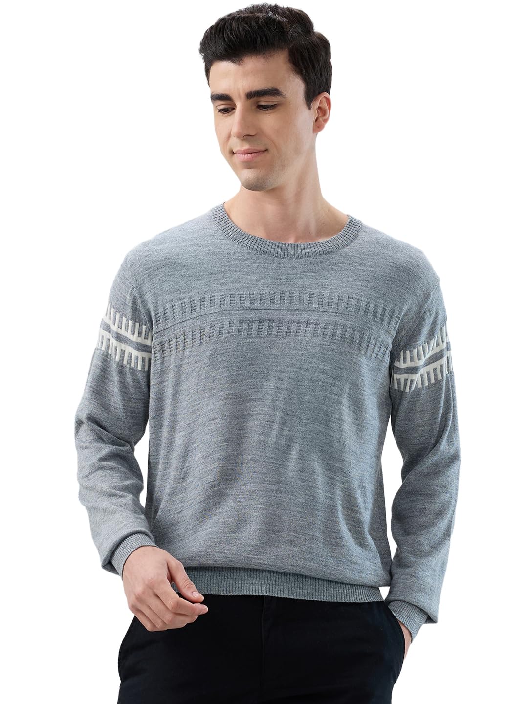 Men Regular Fit Structure Self Pattern Acrylic Wool Blend Full Sleeve Round Neck Casual Sweater Grey-image-29