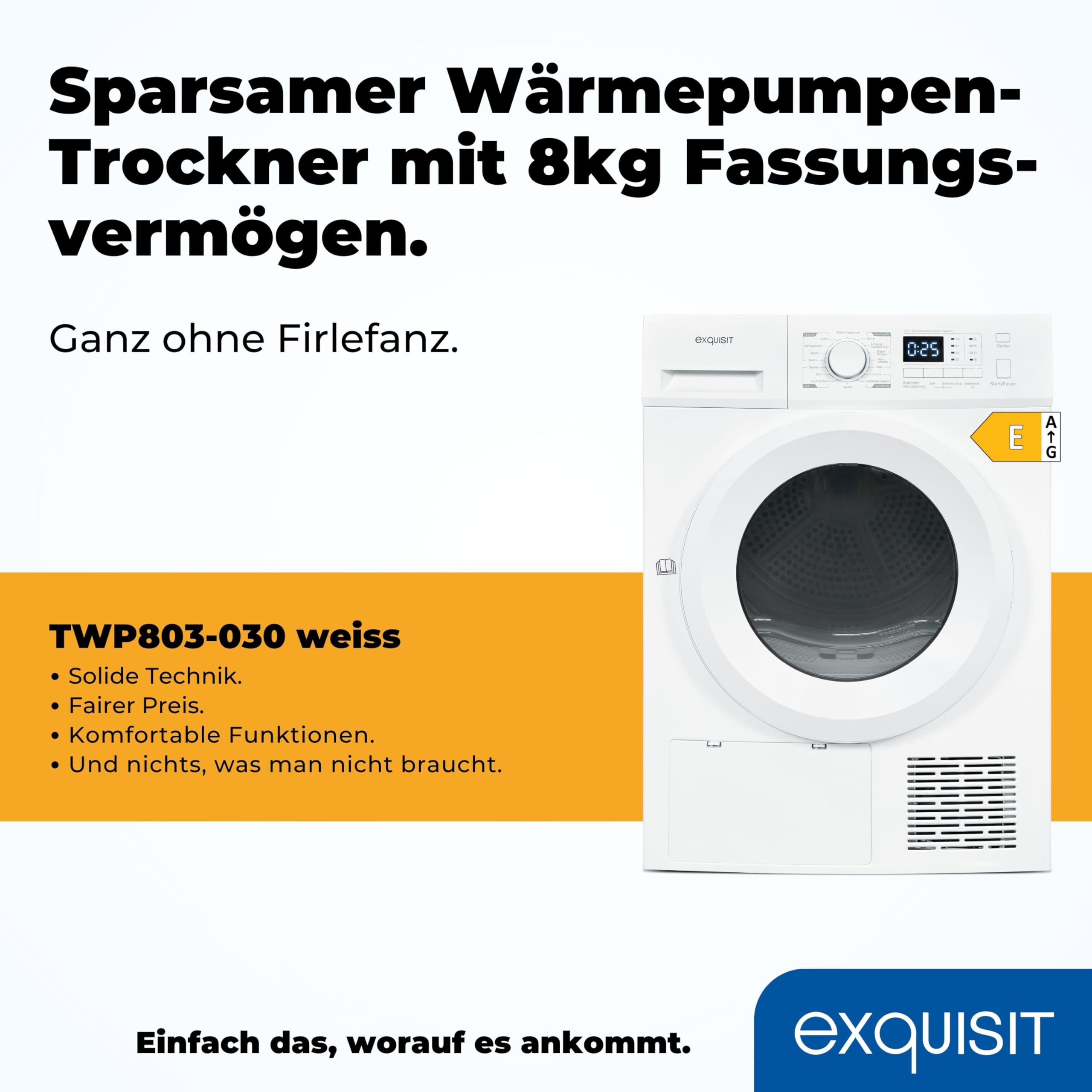 Exquisit Sèche-linge à pompe à chaleur TWP803-030 blanc | 8 kg | A++ | 16 programmes | Protection anti-plis | Départ différé