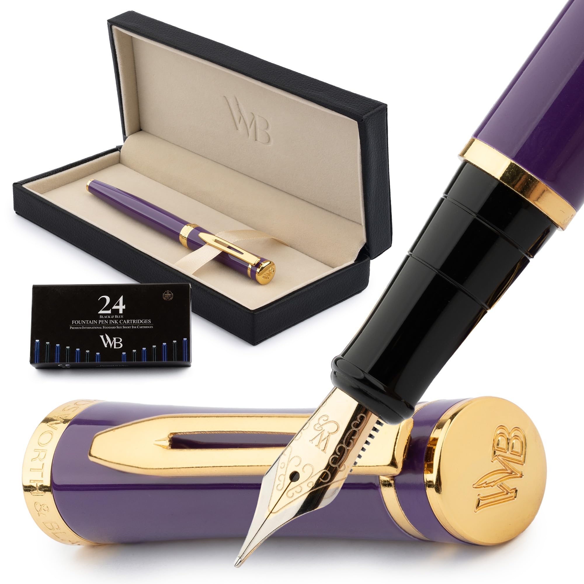– Fountain Pen Set, Medium Nib, Includes 24 Ink Cartridges and Ink Refill Converter, Gift Case, Journaling, Calligraphy, Smooth Writing Pens [Velvet Purple], Perfect for Men and Women