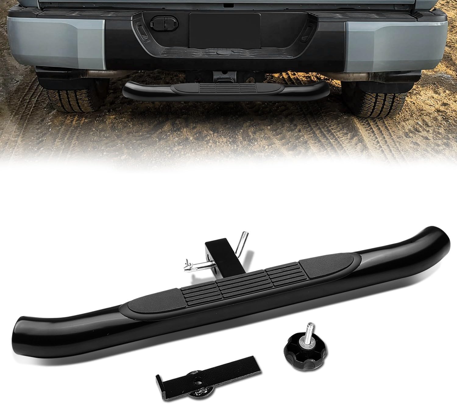 Universal Rear Trailer Tow Hitch Step Bar 37" Black 3" Round with Non-Slip Pad 2" Receiver 350 lbs Capacity Pickup Truck SUV