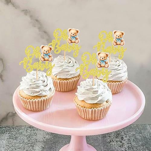 Miniatura 4 de Keaziu 24 piezas con texto en inglés We Can Bearly Wait Oh Baby Cupcake Toppers Bear Cupcake Picks Caricatura Decoración de Cumpleaños Baby Shower