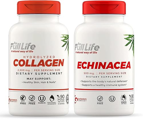 Full Life Cápsulas de colágeno hidrolizado y equinácea - Suplementos dietéticos - Pastillas de colágeno bovino para mujeres y hombres - Extracto de