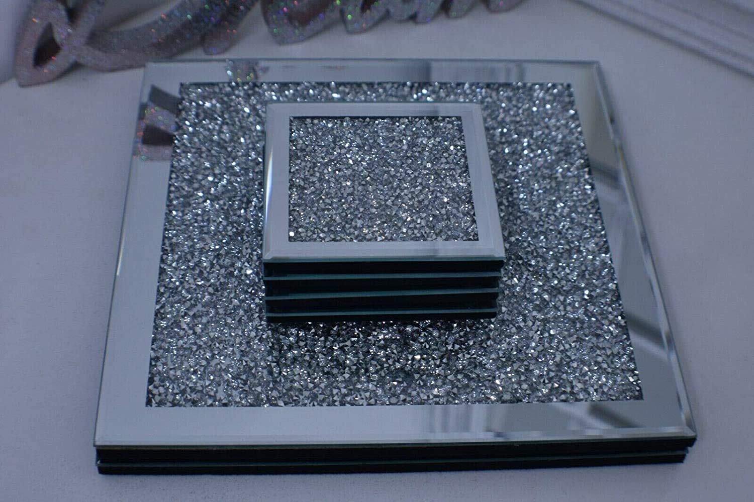 Set Of 4 Coasters & 2 Placemats Diamante Crushed Jewel Glass Glitter Coasters & Placemats Set