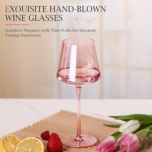 Miniatura 2 de Physkoa Juego de 6 Copas de Vino Rosas de 14oz Sopladas a Mano de Cristal Coloreado con Tallo Largo, Copa de Vino Rosa para Amantes del Vino, Boda,
