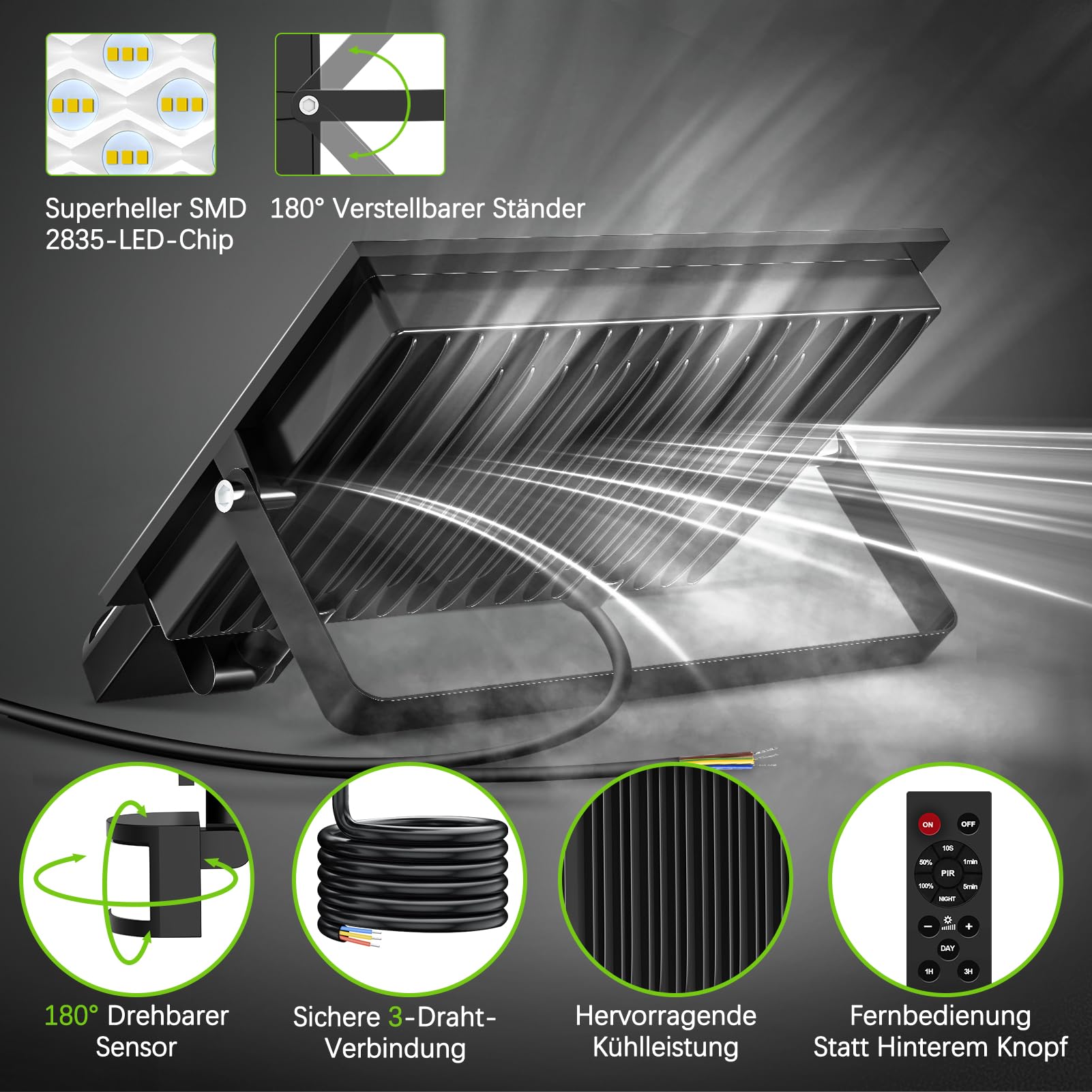 Strahler mit Bewegungsmelder Außen - 200W 20000LM 6500K LED Fluter mit Fernbedienung, Timing, Einstellbare Helligkeit, IP66 Wasserdicht Scheinwerfer für Garage Hof, 2 Stück