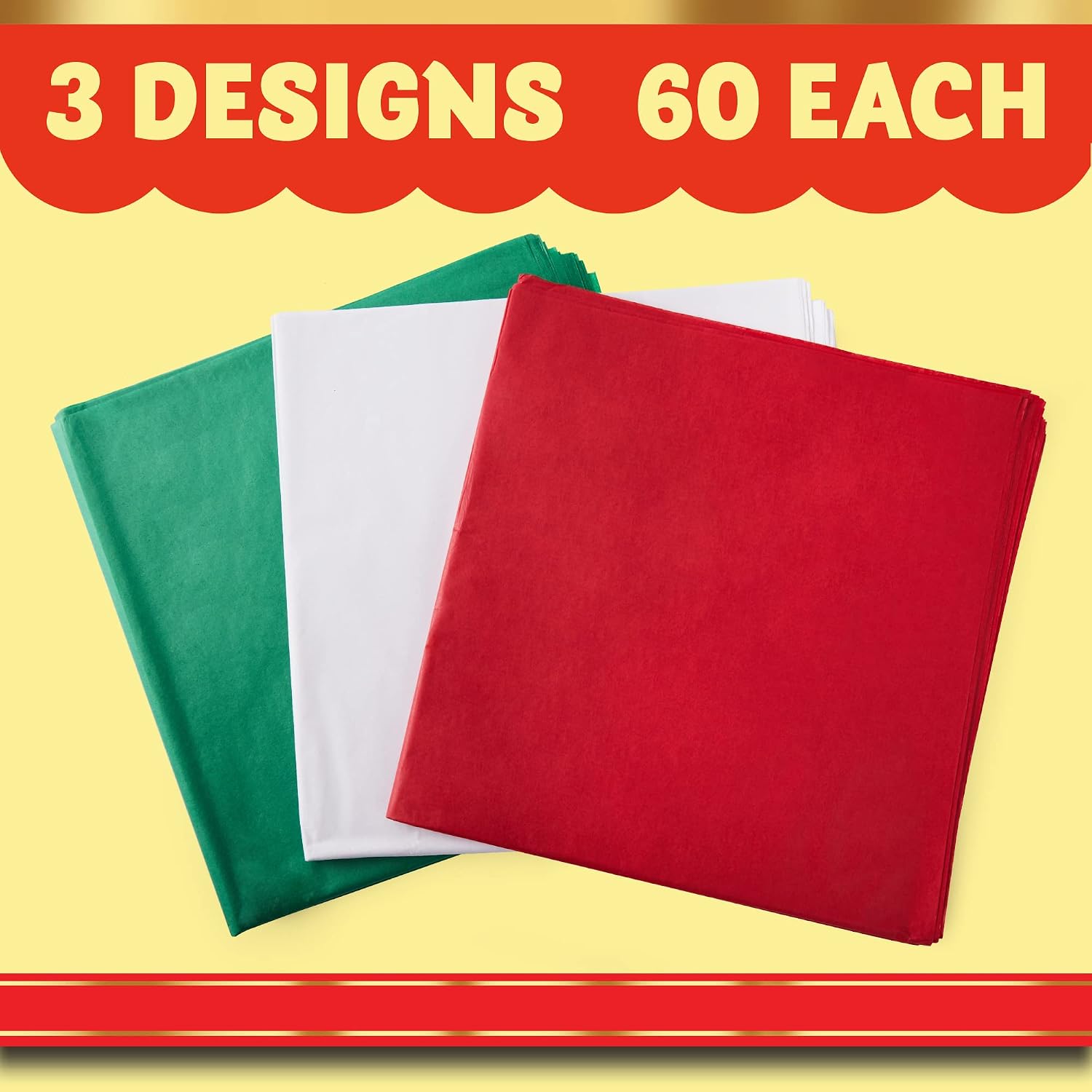 JOYIN 180 Sheets 20" x 20" Christmas Tissue Paper Assortment (Red, Green & White); 60 Sheets per Color Easy and Fast Gift Wrapping Accessory for Christmas Gifts and Wine Bottles