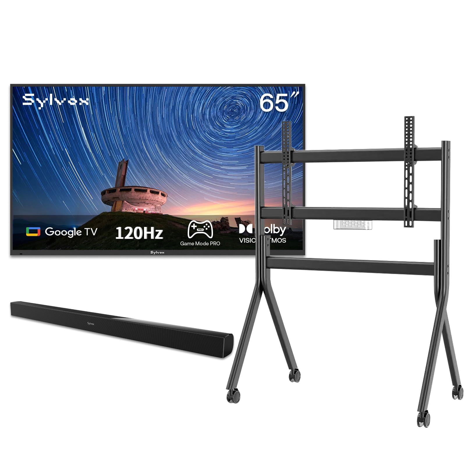 SYLVOX Outdoor TV with Rolling Stand Soundbar 65 inch 120Hz 4K Smart TVs Weatherproof IP55 Waterproof Compatible with