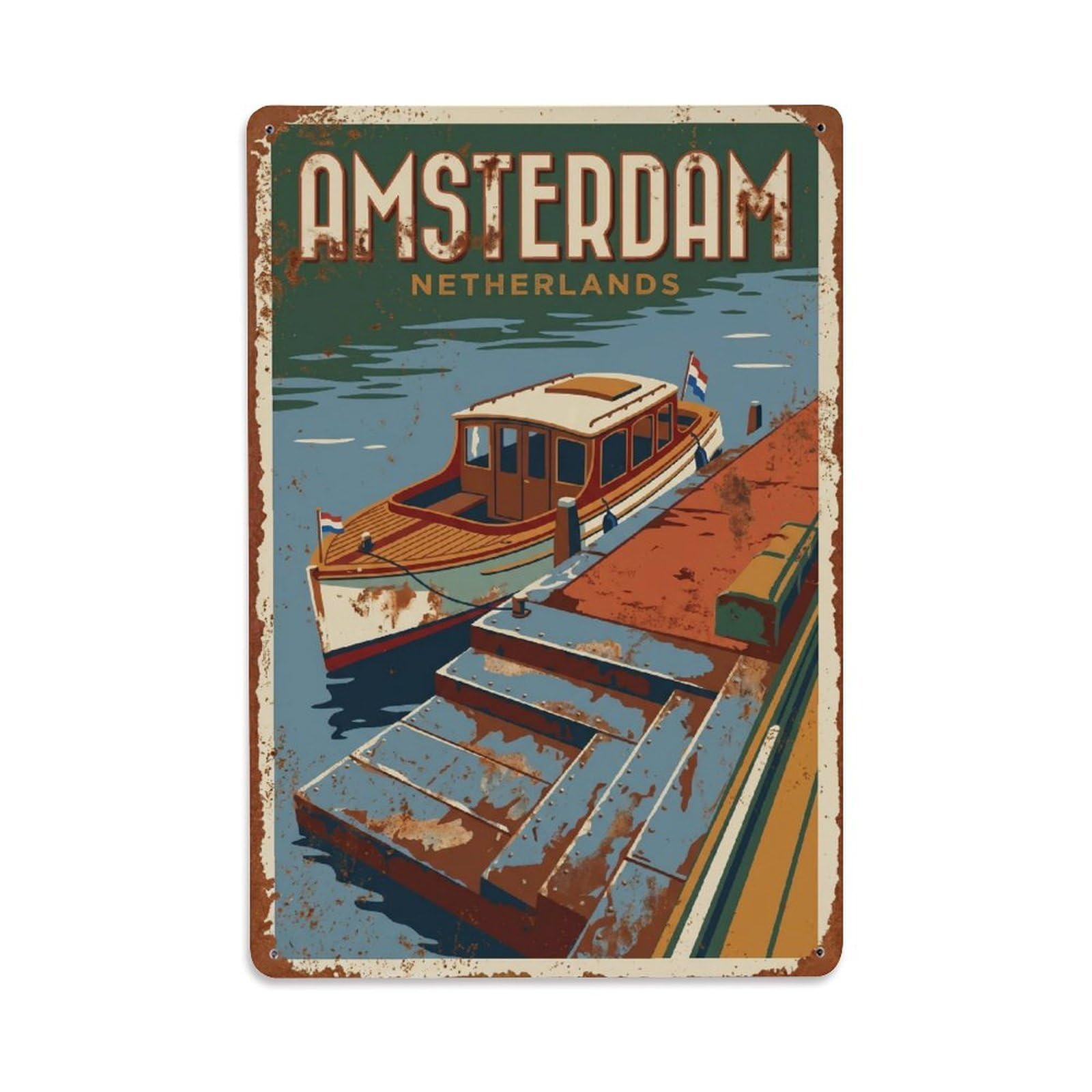 Okngb Style Canal Landing Classic Amsterdam Waterfront Tourism Metal Tin Sign Plaque Wall Decor For Cafe, Man Cave, Club Bar, Office, Home Garden Round Metal Poster 8X12inch