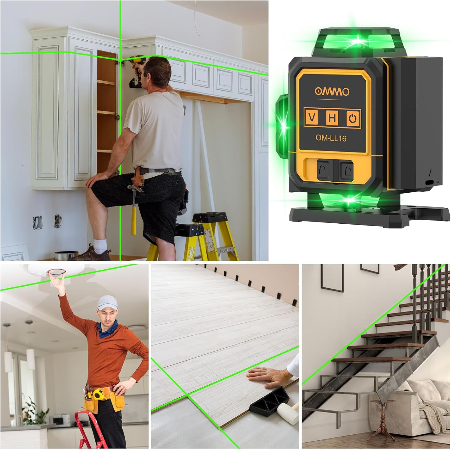 Collage of images showing the OMMO Laser Level being used in various applications: installing kitchen cabinets, leveling a ceiling light, laying floor tiles, and aligning a staircase.
