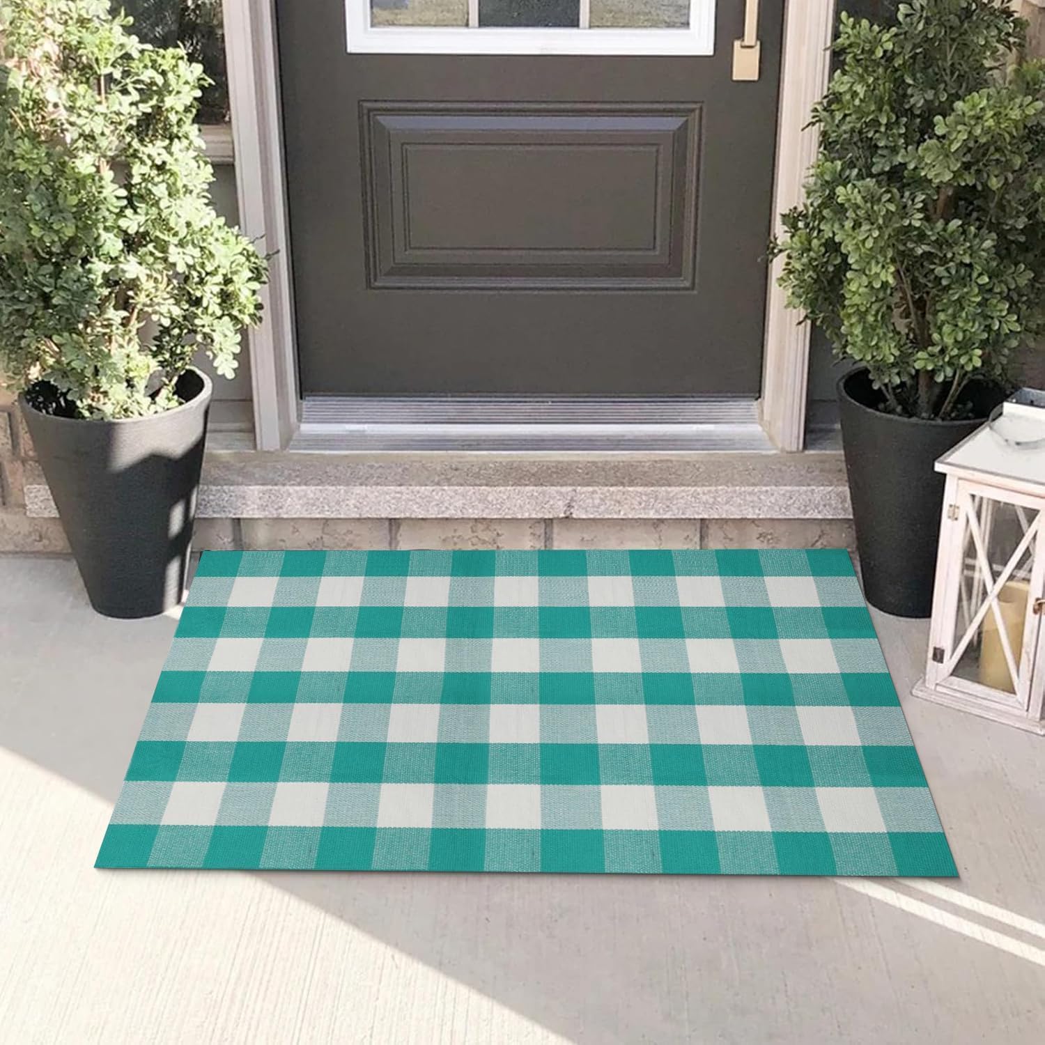 Green and White Outdoor Rug, Buffalo Plaid Rug, 27.5"x43" Checked Rugs Washable, Cotton Front Door Mat Indoor, Low Pile, Fade Resistant, Pet-Friendly Area Rug for Kitchen, Farmhouse, Entryway