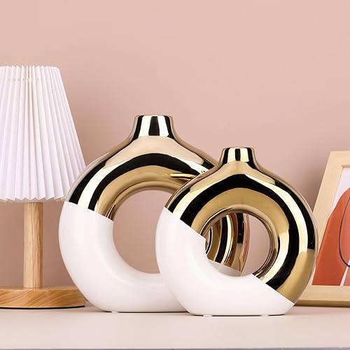Miniatura 3 de XMGZQ Jarrón blanco y dorado, juego de 2 jarrones de cerámica, jarrones dorados para decoración del hogar, jarrón redondo para centros de mesa,