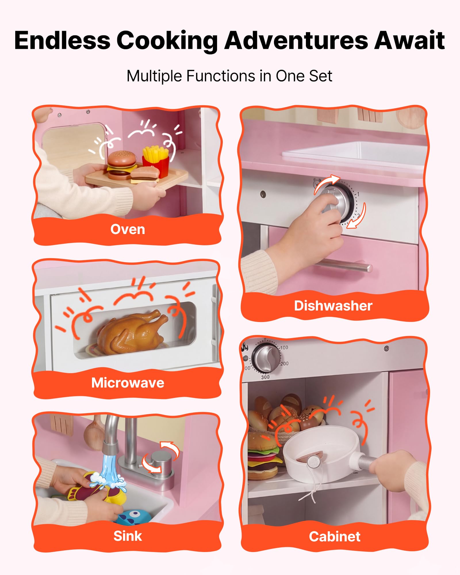 VEVOR Cucina Giocattolo per Bambini in Legno, con Luci e Suoni Realistici, Accessori Cibo e Pentole, Macchina per Ghiaccio, Cappa Aspirante e Forno a Microonde, Gioco di Ruolo, per Bambini 3-8 Anni